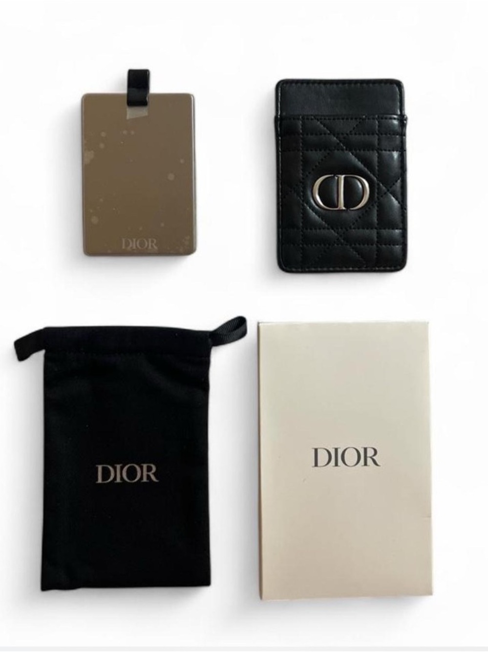 Dior 3 pc set: Black Quilted Leather Cardholder & Dior Mirror & Drawstring Pouch